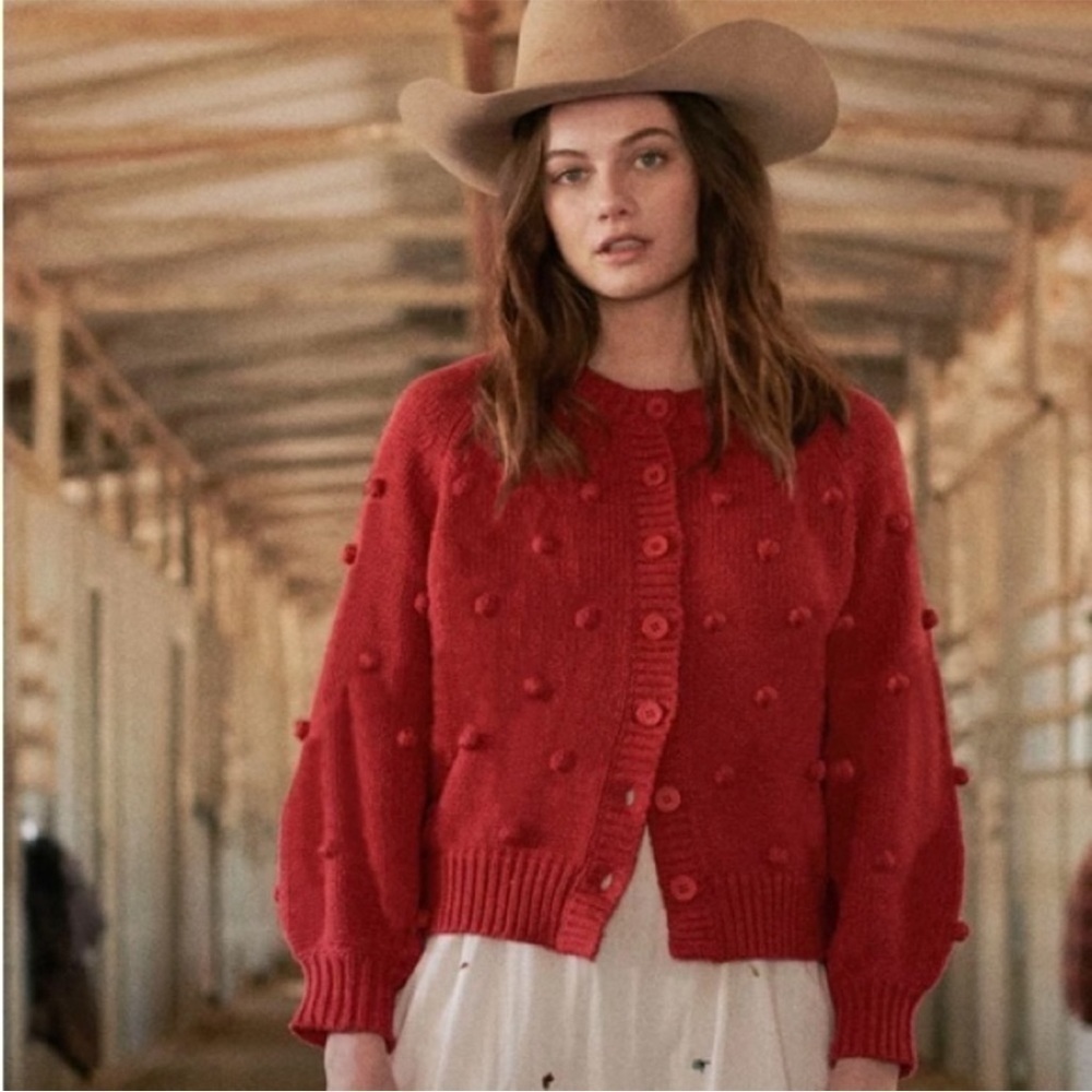 The GREAT. raspberry red Bobble cardigan crewneck sweater M Rare